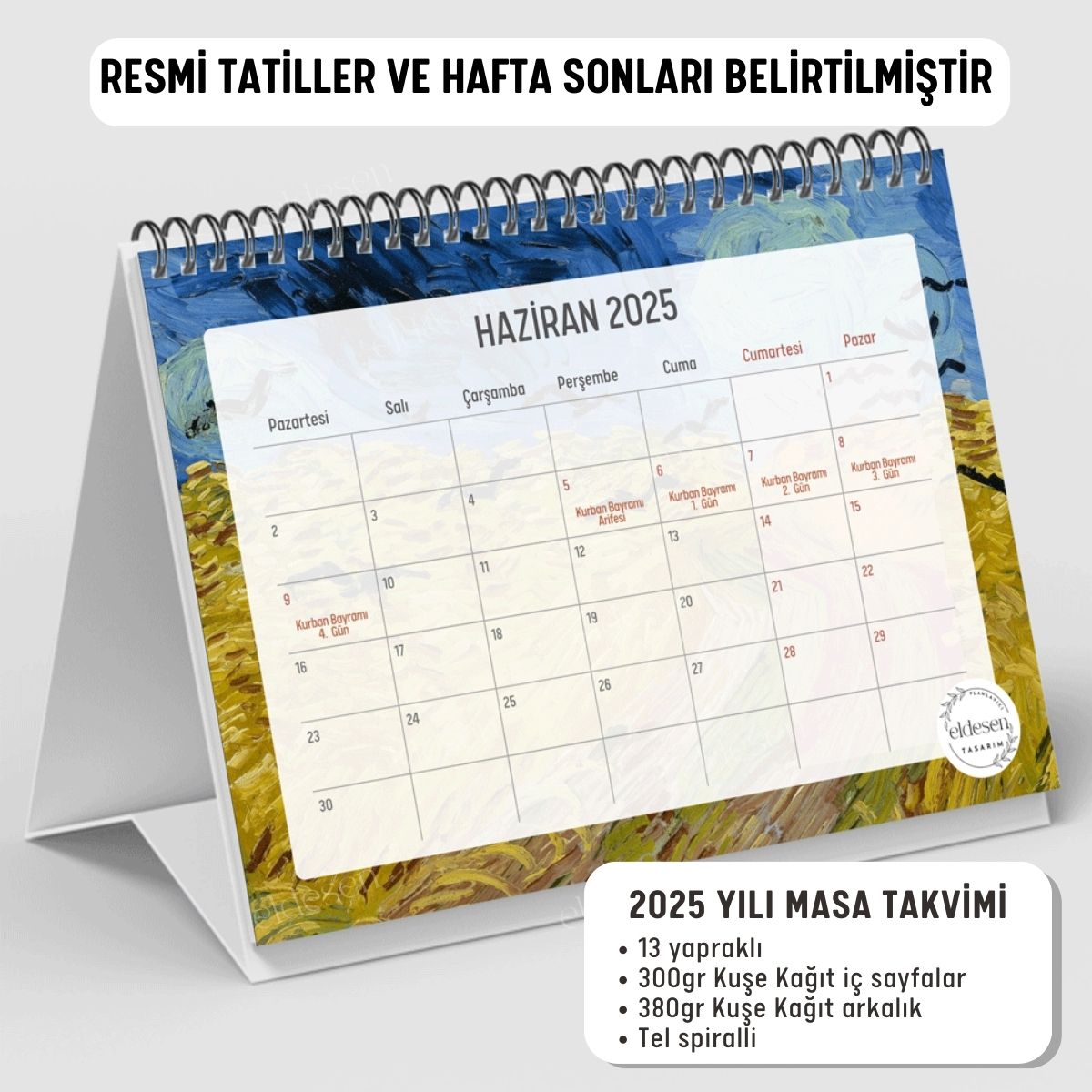 Van Gogh 2025 Yılı Aylık Masa Takvimi Spiralli A5 resmi