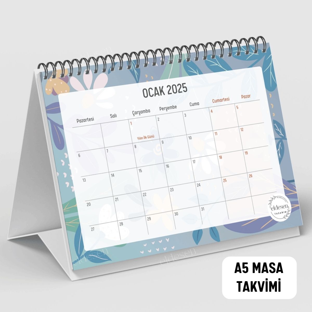 Mavi Papatya 2025 Yılı Aylık Masa Takvimi Spiralli A5 resmi